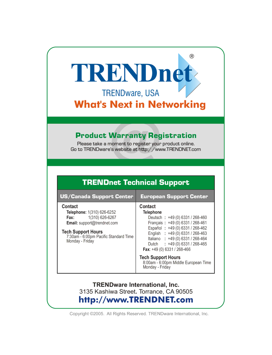 TRENDnet Super G Access Point, TEW-450APB manual TRENDnet, US/Canada Support Center European Support Center 