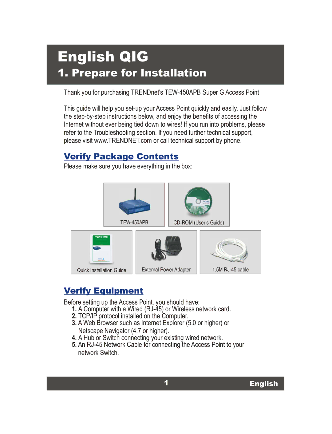 TRENDnet Super G Access Point, TEW-450APB manual Prepare for Installation, Verify Package Contents, Verify Equipment 