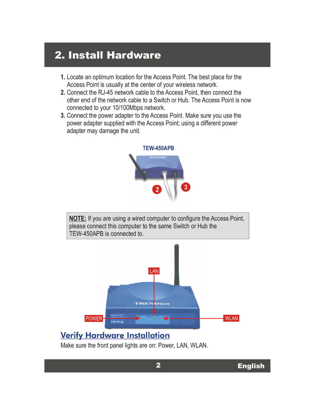 TRENDnet TEW-450APB, Super G Access Point manual Install Hardware, 2English 