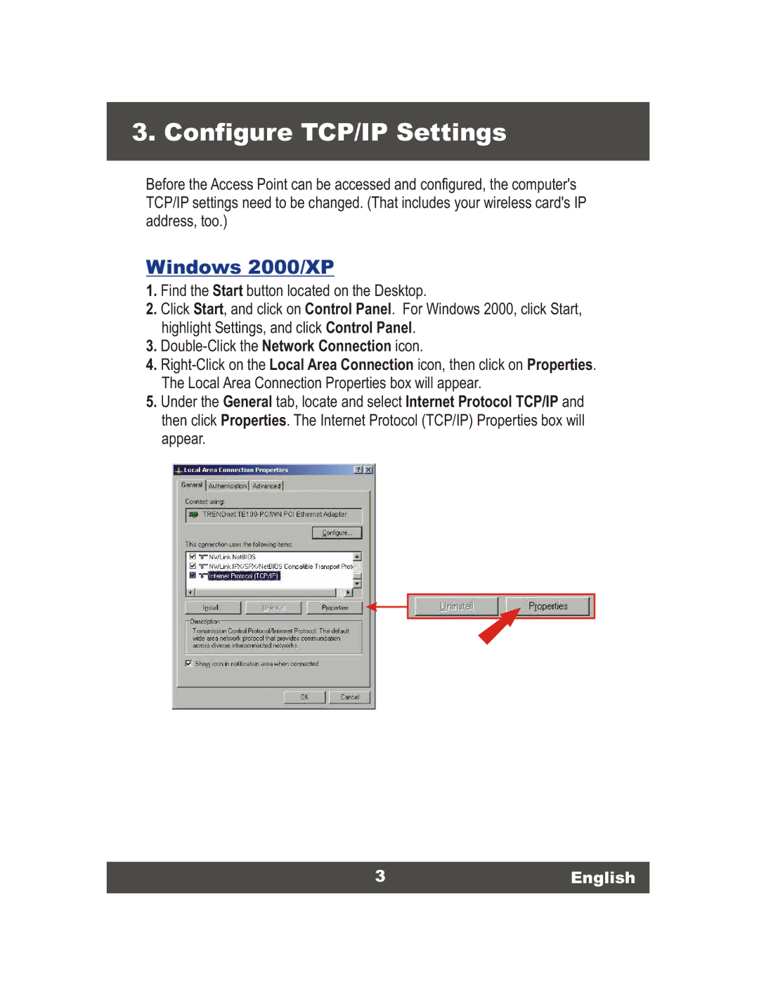 TRENDnet Super G Access Point, TEW-450APB manual Configure TCP/IP Settings, Windows 2000/XP, 3English 