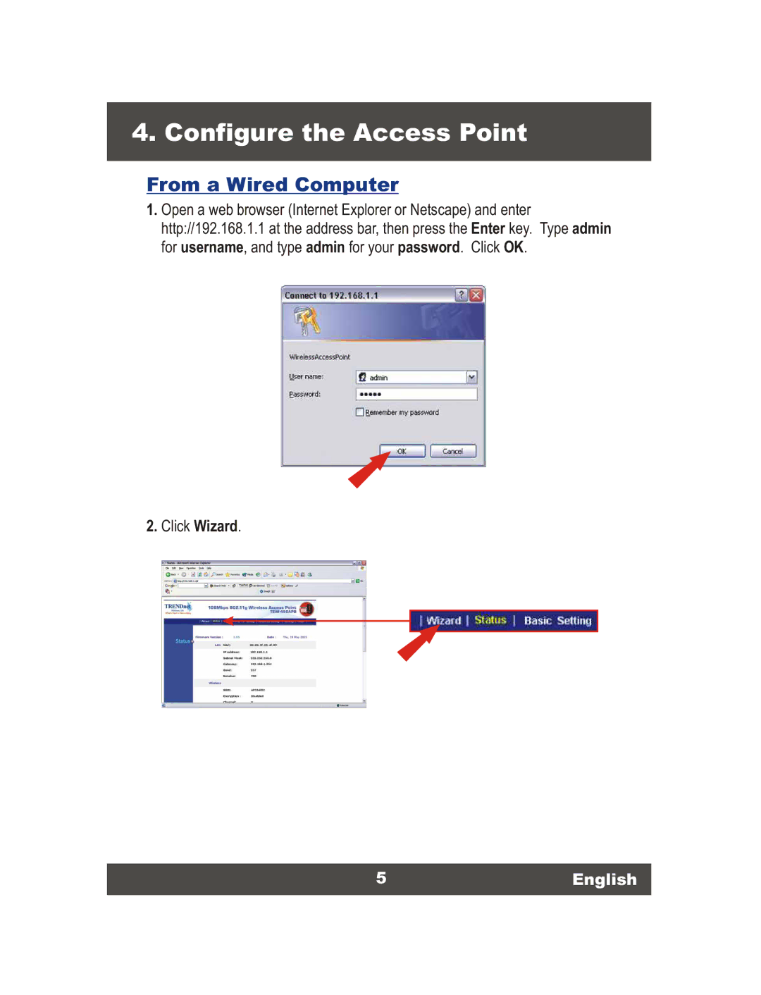 TRENDnet Super G Access Point, TEW-450APB manual Configure the Access Point, From a Wired Computer, 5English 