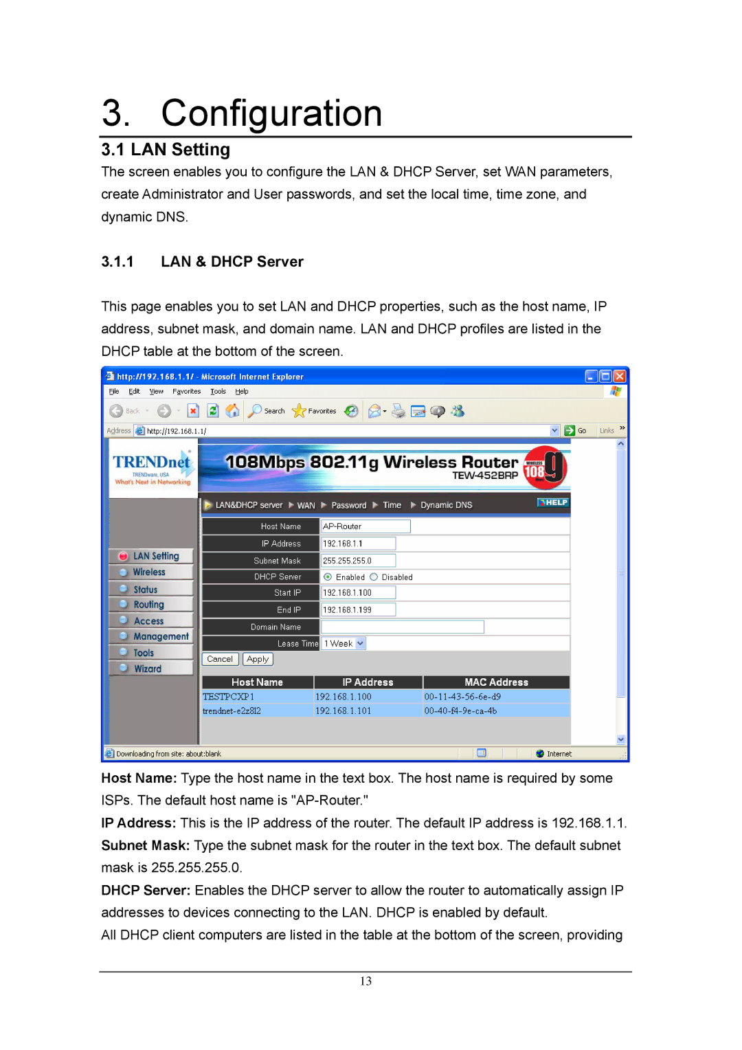 TRENDnet TEW-452BRP, 108Mbps 802.11g Wireless Firewall Router manual LAN Setting, LAN & Dhcp Server 