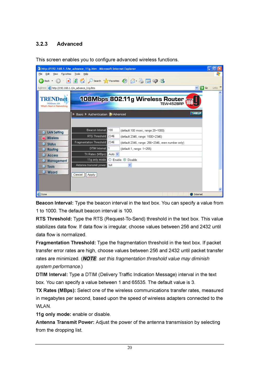 TRENDnet 108Mbps 802.11g Wireless Firewall Router, TEW-452BRP manual Advanced 