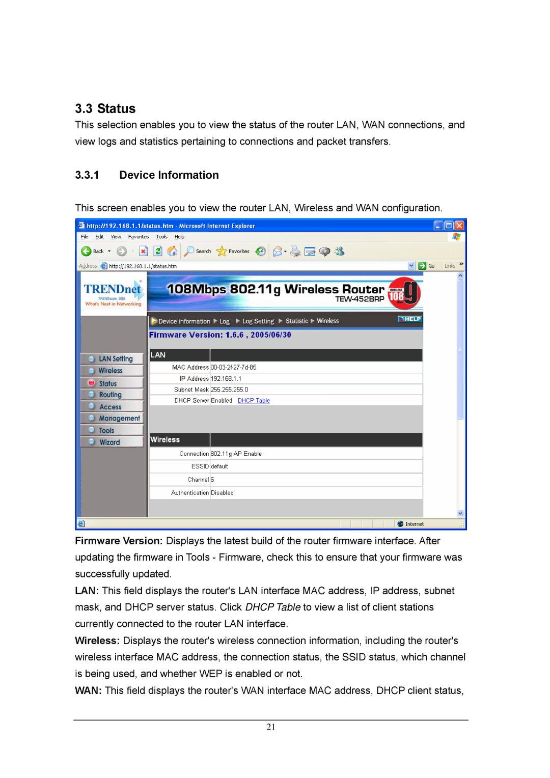 TRENDnet TEW-452BRP, 108Mbps 802.11g Wireless Firewall Router manual Status, Device Information 