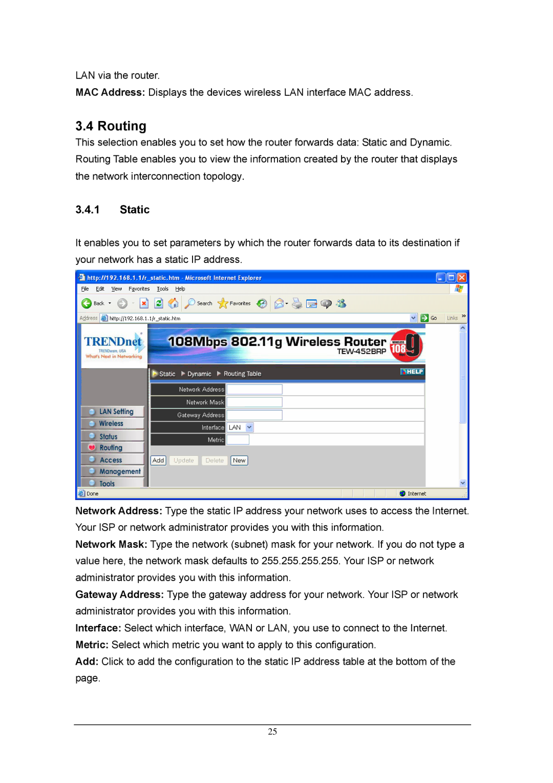 TRENDnet TEW-452BRP, 108Mbps 802.11g Wireless Firewall Router manual Routing, Static 