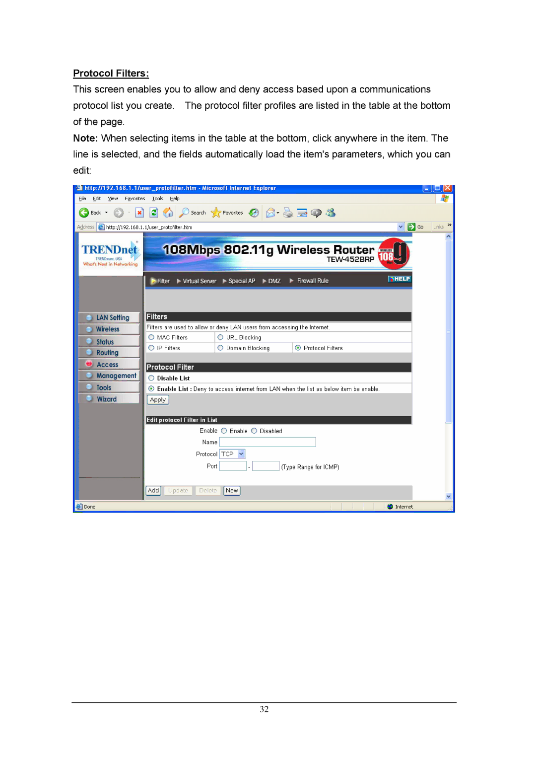 TRENDnet 108Mbps 802.11g Wireless Firewall Router, TEW-452BRP manual Protocol Filters 