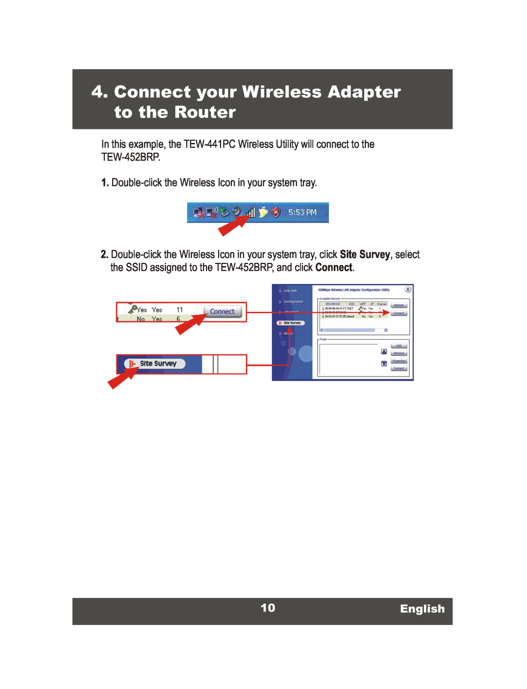 TRENDnet TEW-452BRP, 108Mbps Wireless Super G Broadband Router manual Connect your Wireless Adapter to the Router, 10English 