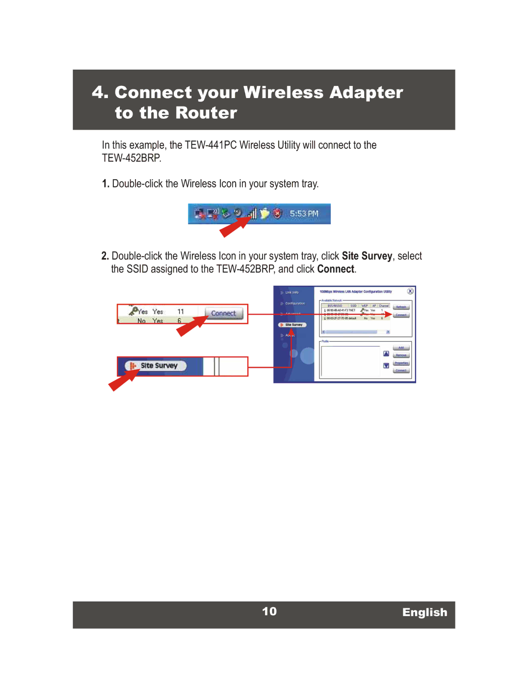 TRENDnet TEW-452BRP, 108Mbps Wireless Super G Broadband Router manual Connect your Wireless Adapter to the Router, 10English 