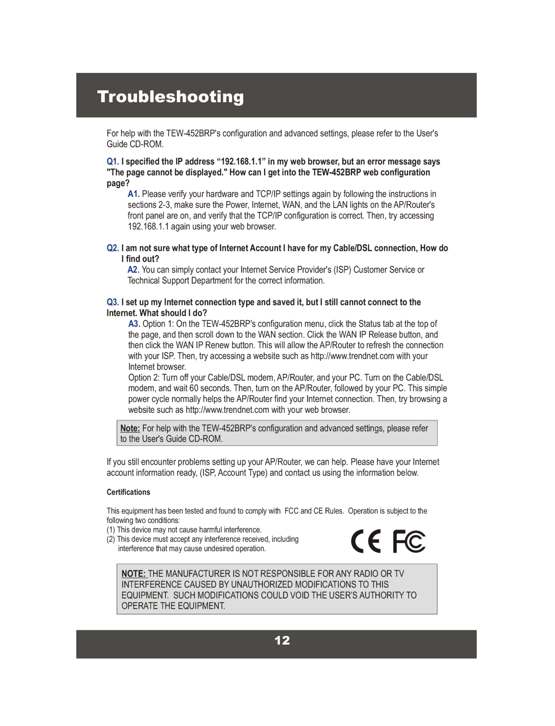 TRENDnet TEW-452BRP, 108Mbps Wireless Super G Broadband Router manual Troubleshooting 