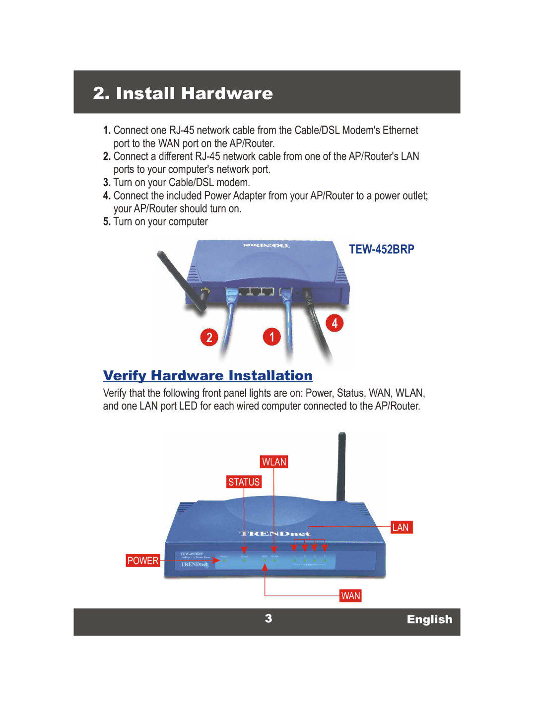 TRENDnet 108Mbps Wireless Super G Broadband Router, TEW-452BRP Install Hardware, Verify Hardware Installation, 3English 