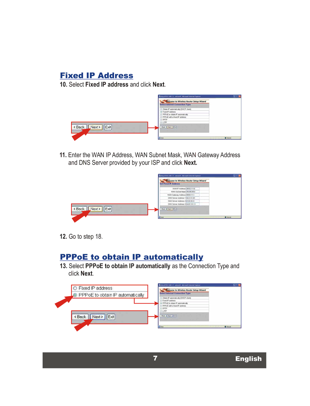 TRENDnet 108Mbps Wireless Super G Broadband Router manual Fixed IP Address, PPPoE to obtain IP automatically, 7English 