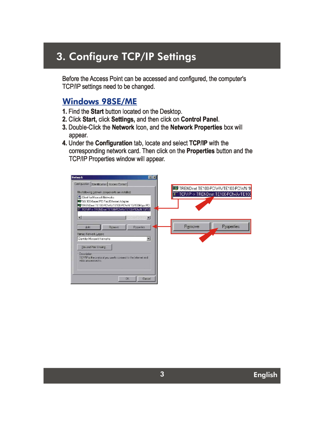 TRENDnet Net Spot Wireless Access Point, TEW-453APB manual Configure TCP/IP Settings, Windows 98SE/ME, English 
