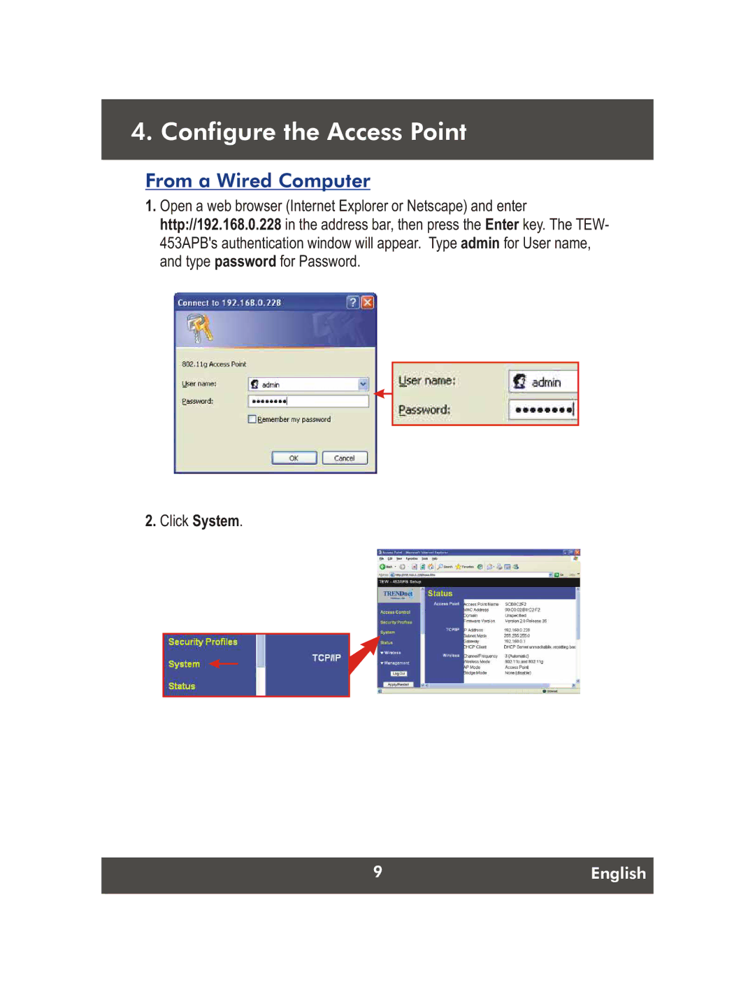 TRENDnet Net Spot Wireless Access Point, TEW-453APB manual Configure the Access Point, From a Wired Computer 