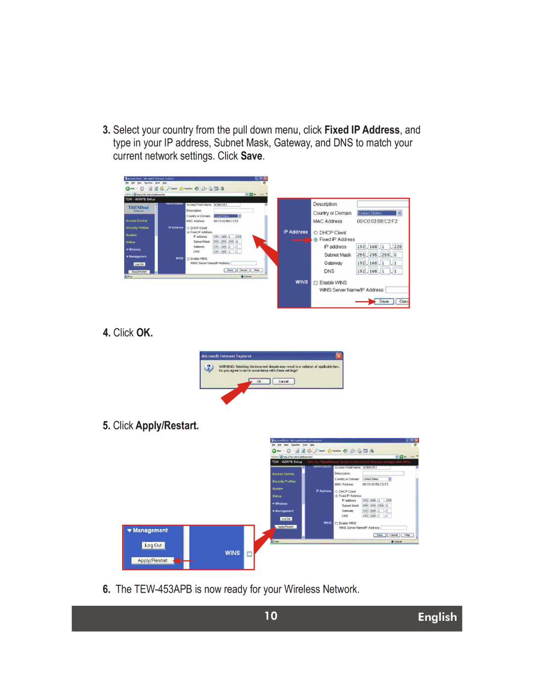 TRENDnet TEW-453APB, Net Spot Wireless Access Point manual Click Apply/Restart 