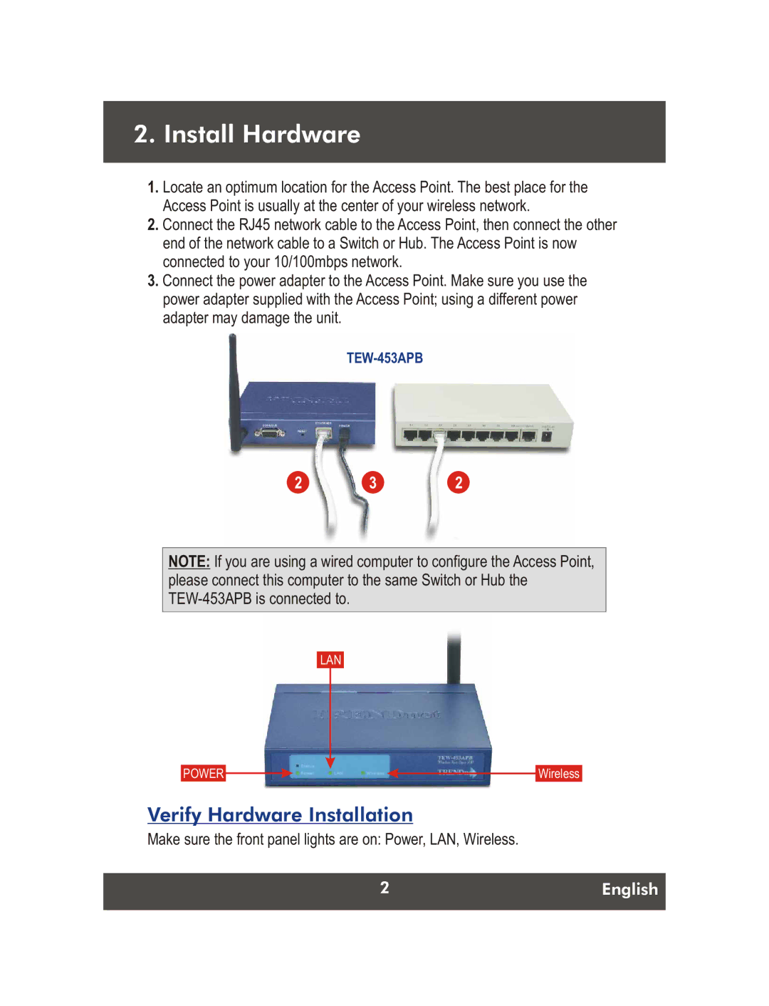 TRENDnet TEW-453APB, Net Spot Wireless Access Point manual Install Hardware, Verify Hardware Installation 