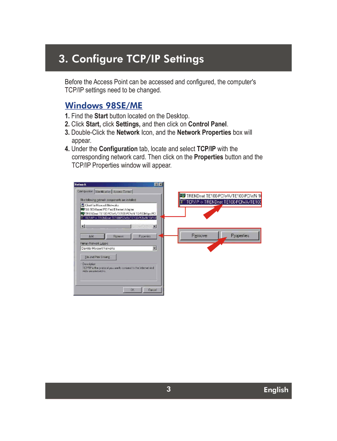 TRENDnet Net Spot Wireless Access Point, TEW-453APB manual Configure TCP/IP Settings, Windows 98SE/ME 