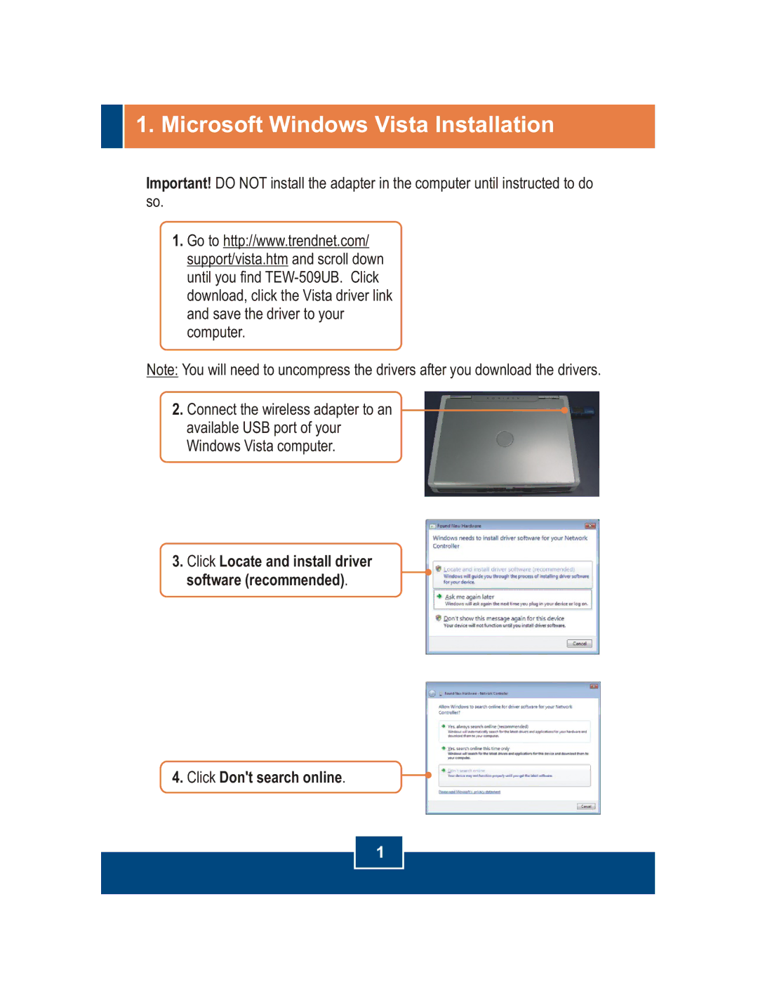 TRENDnet TEW-509UB manual Microsoft Windows Vista Installation 