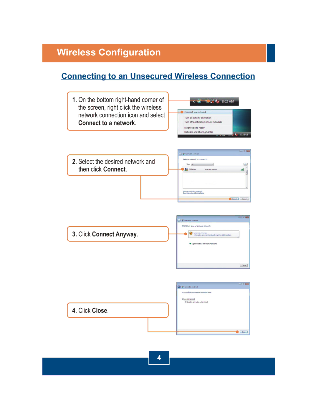 TRENDnet TEW-509UB manual Wireless Configuration, Connecting to an Unsecured Wireless Connection 