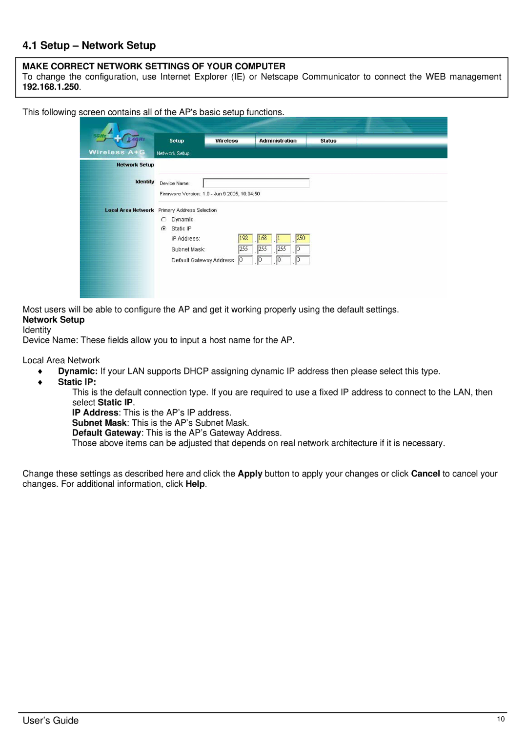 TRENDnet TEW-510APB manual Setup Network Setup, Static IP 