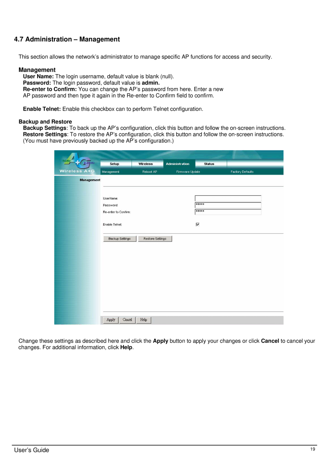 TRENDnet TEW-510APB manual Administration Management, Backup and Restore 