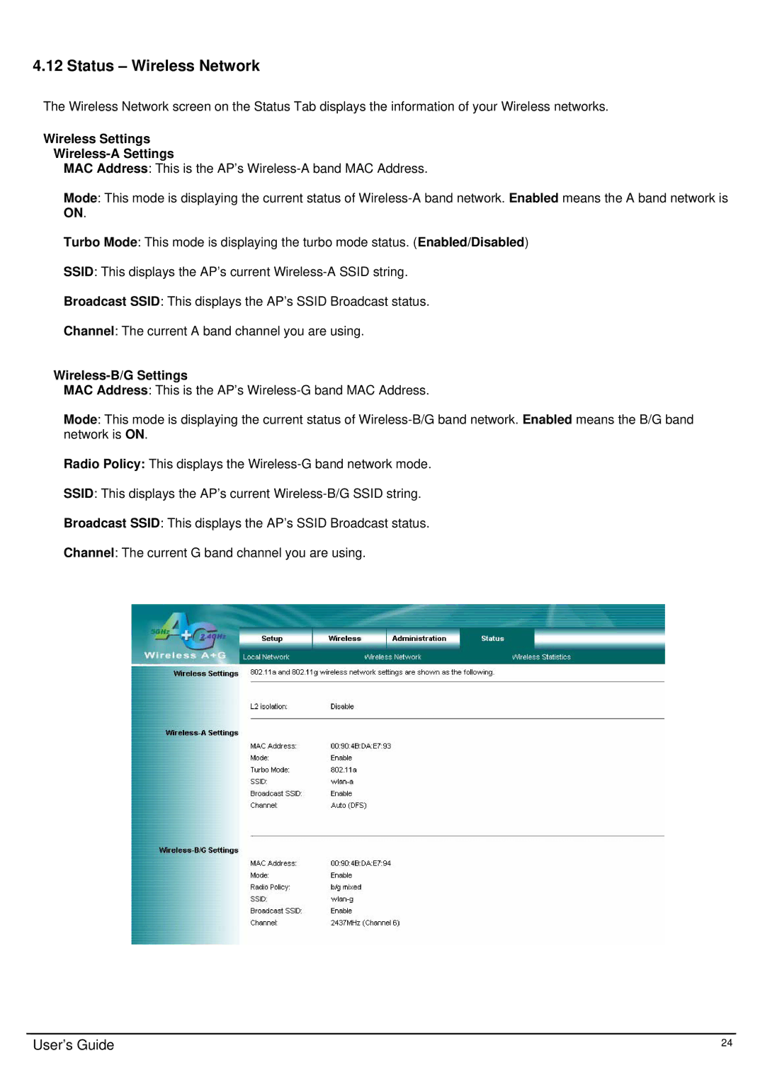 TRENDnet TEW-510APB manual Status Wireless Network, Wireless Settings Wireless-A Settings, Wireless-B/G Settings 