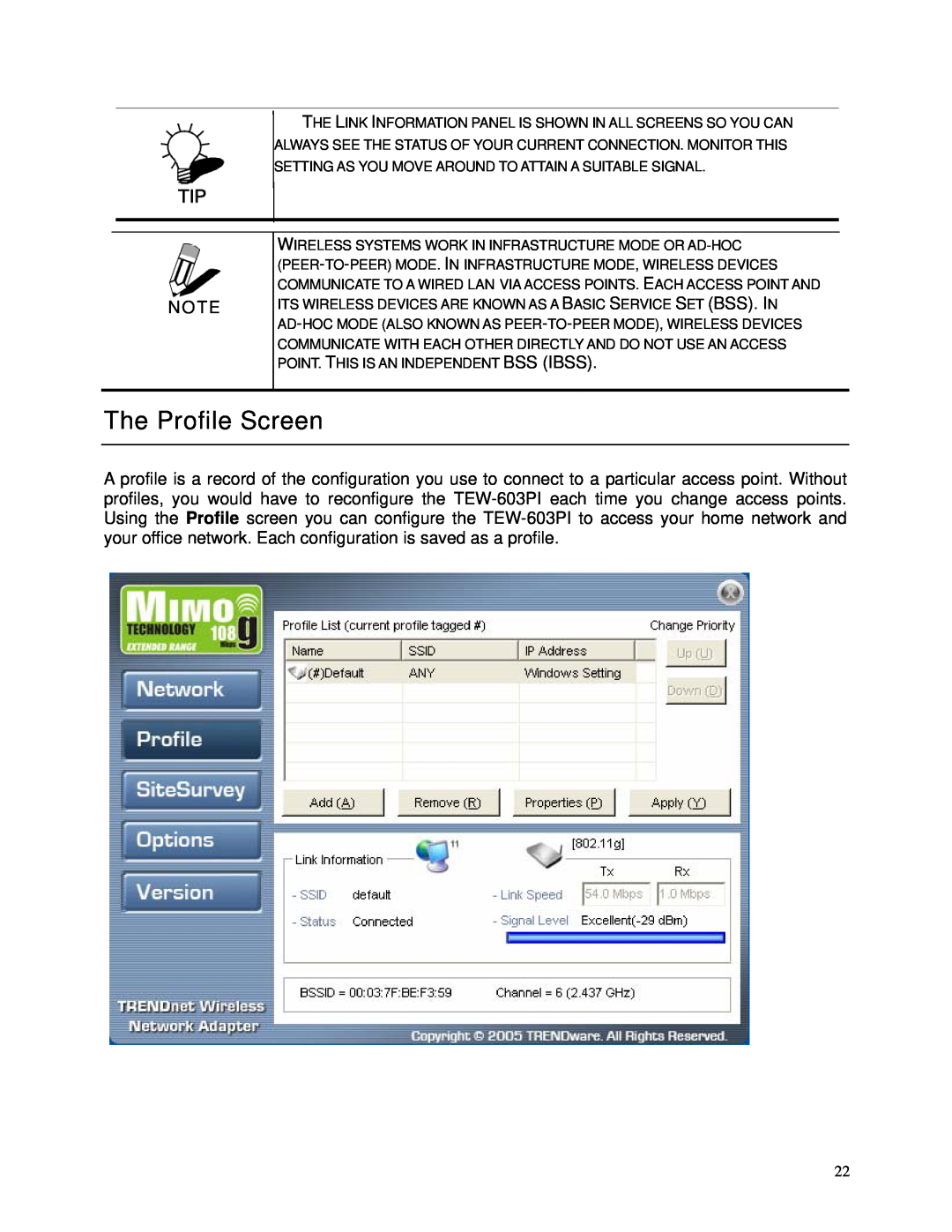 TRENDnet TEW-603PI manual The Profile Screen 