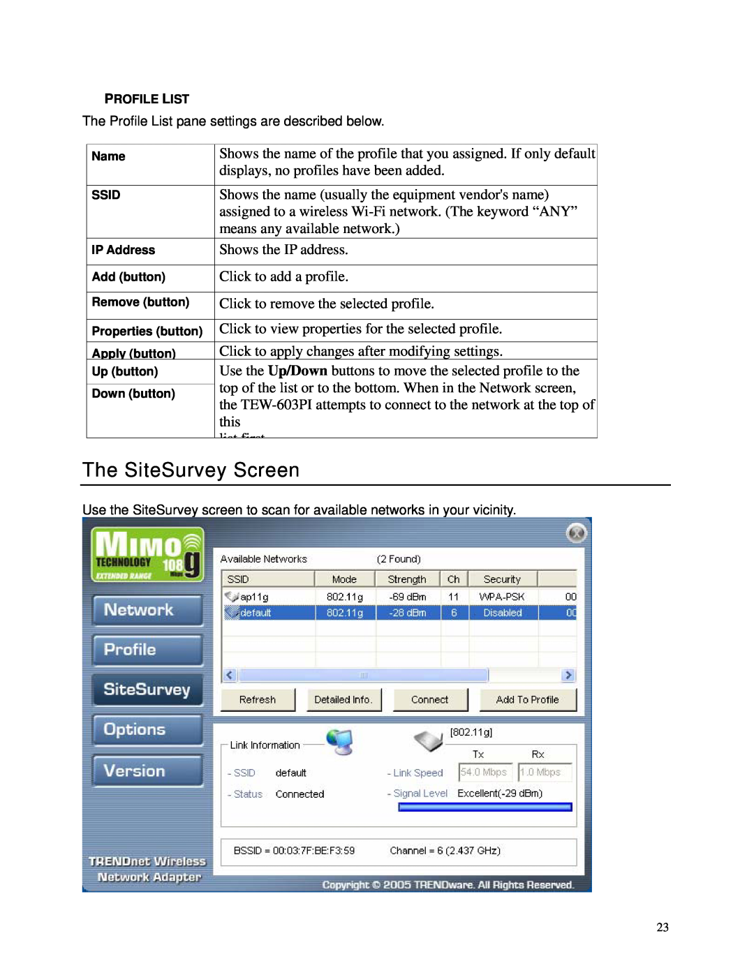 TRENDnet TEW-603PI manual The SiteSurvey Screen 