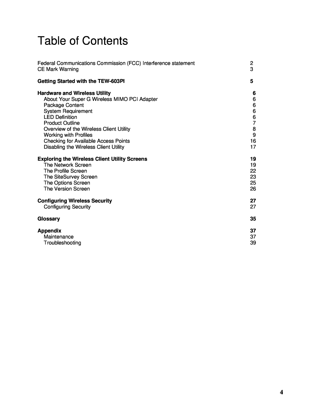 TRENDnet manual Table of Contents, Getting Started with the TEW-603PI, Hardware and Wireless Utility, Glossary, Appendix 