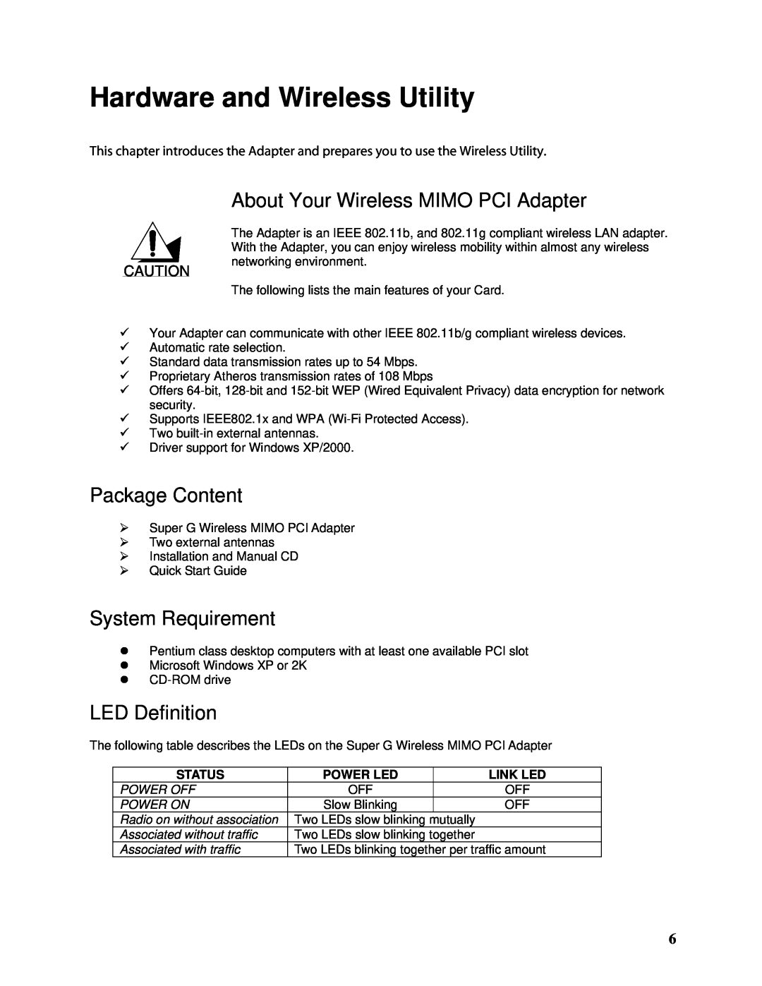 TRENDnet TEW-603PI Hardware and Wireless Utility, About Your Wireless MIMO PCI Adapter, Package Content, LED Definition 