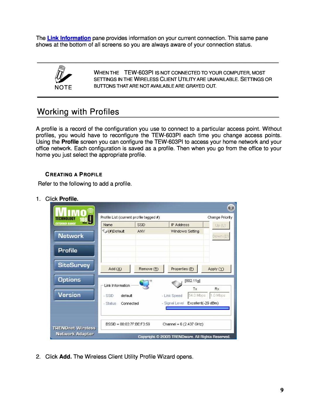 TRENDnet TEW-603PI manual Working with Profiles, Click Profile 