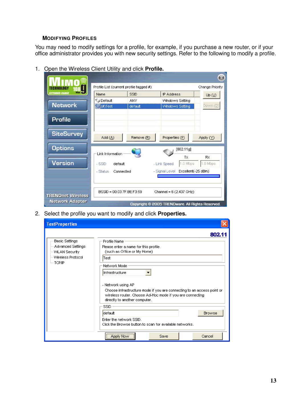 TRENDnet TEW-603PI manual Modifying Profiles 