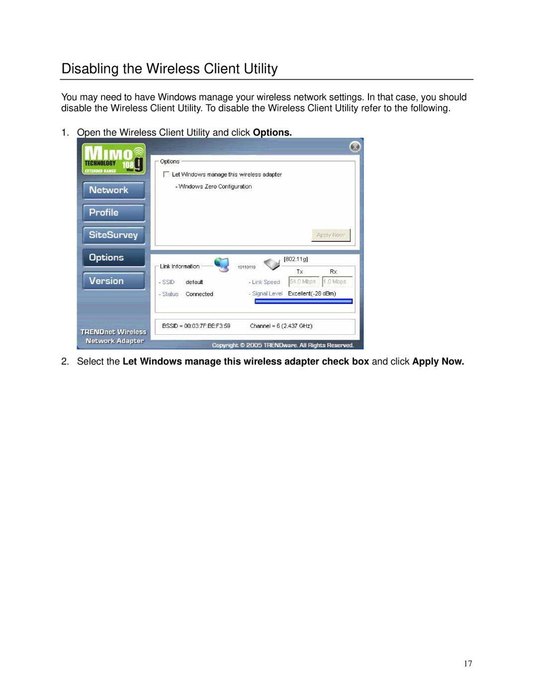 TRENDnet TEW-603PI manual Disabling the Wireless Client Utility 