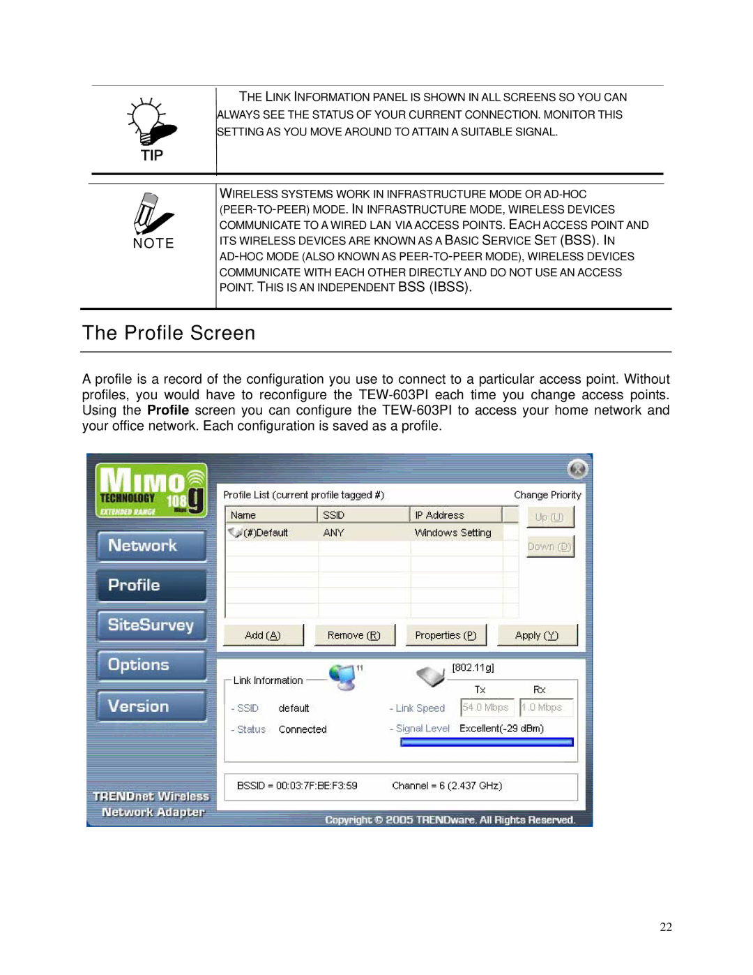 TRENDnet TEW-603PI manual Profile Screen 