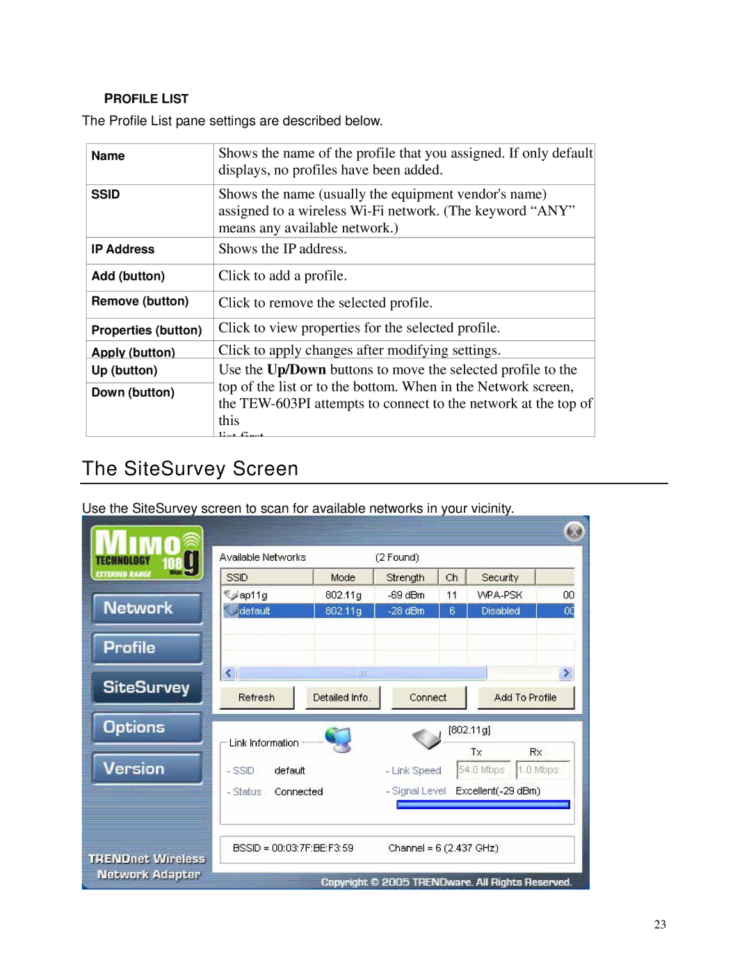 TRENDnet TEW-603PI manual SiteSurvey Screen 