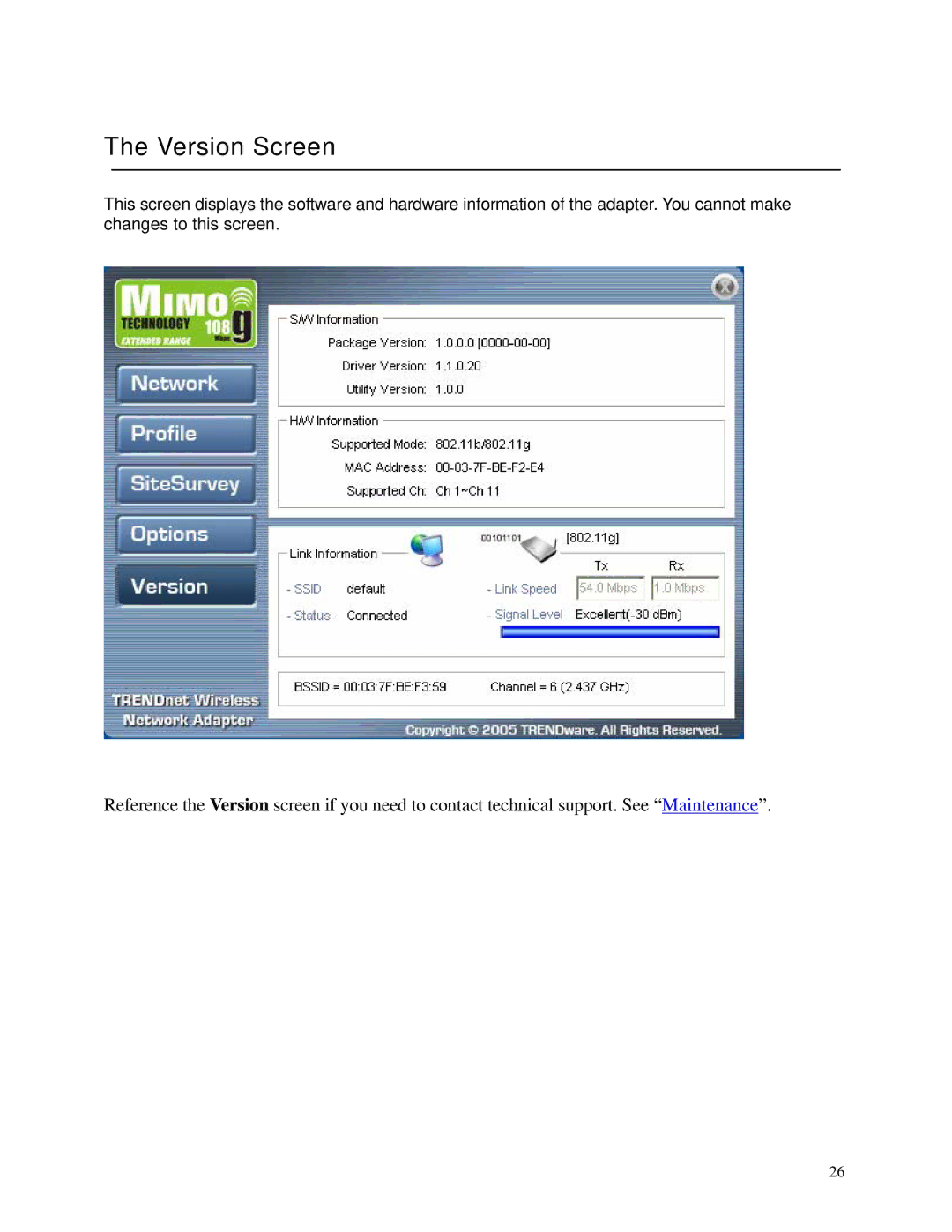 TRENDnet TEW-603PI manual Version Screen 