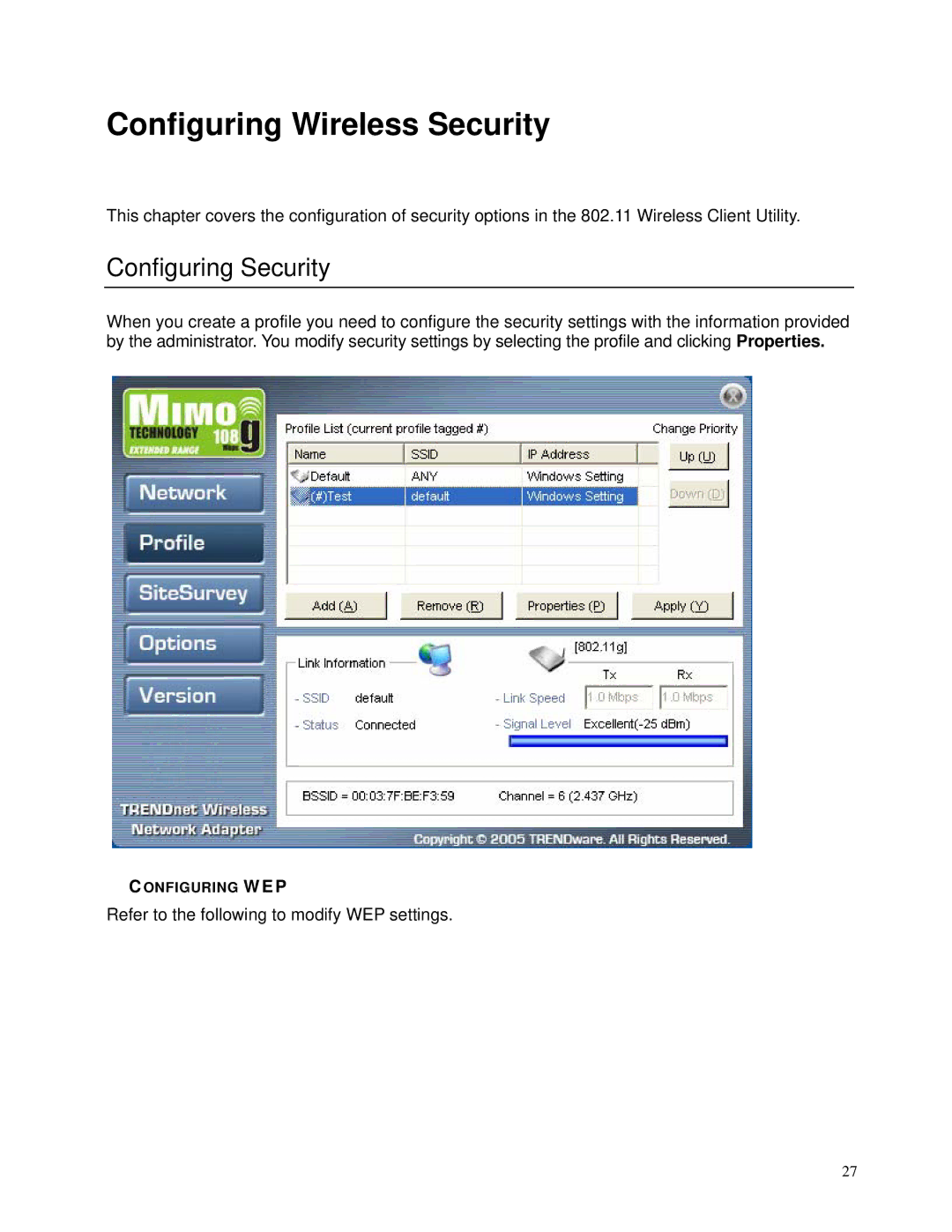 TRENDnet TEW-603PI manual Configuring Wireless Security, Configuring Security 