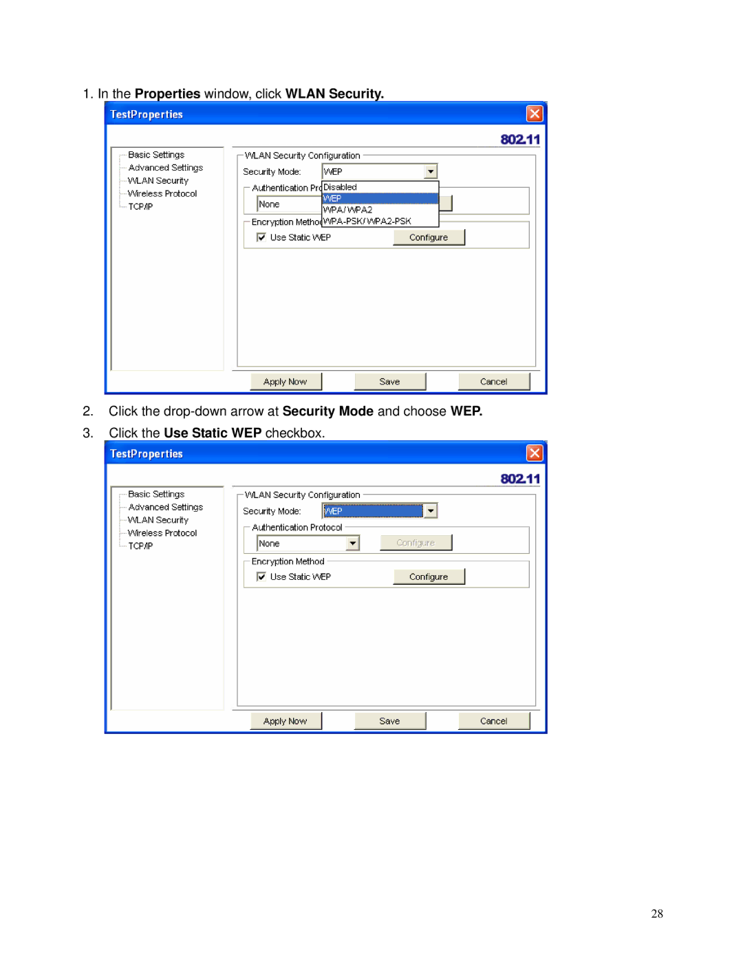 TRENDnet TEW-603PI manual Properties window, click Wlan Security 