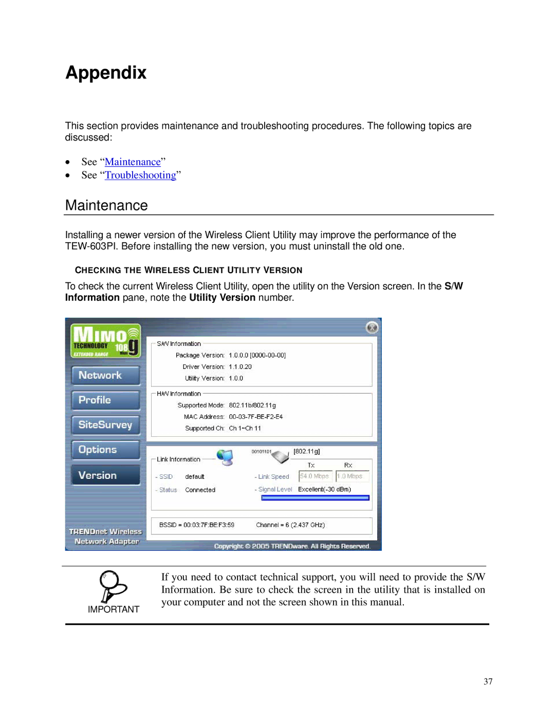 TRENDnet TEW-603PI manual Appendix, Maintenance 