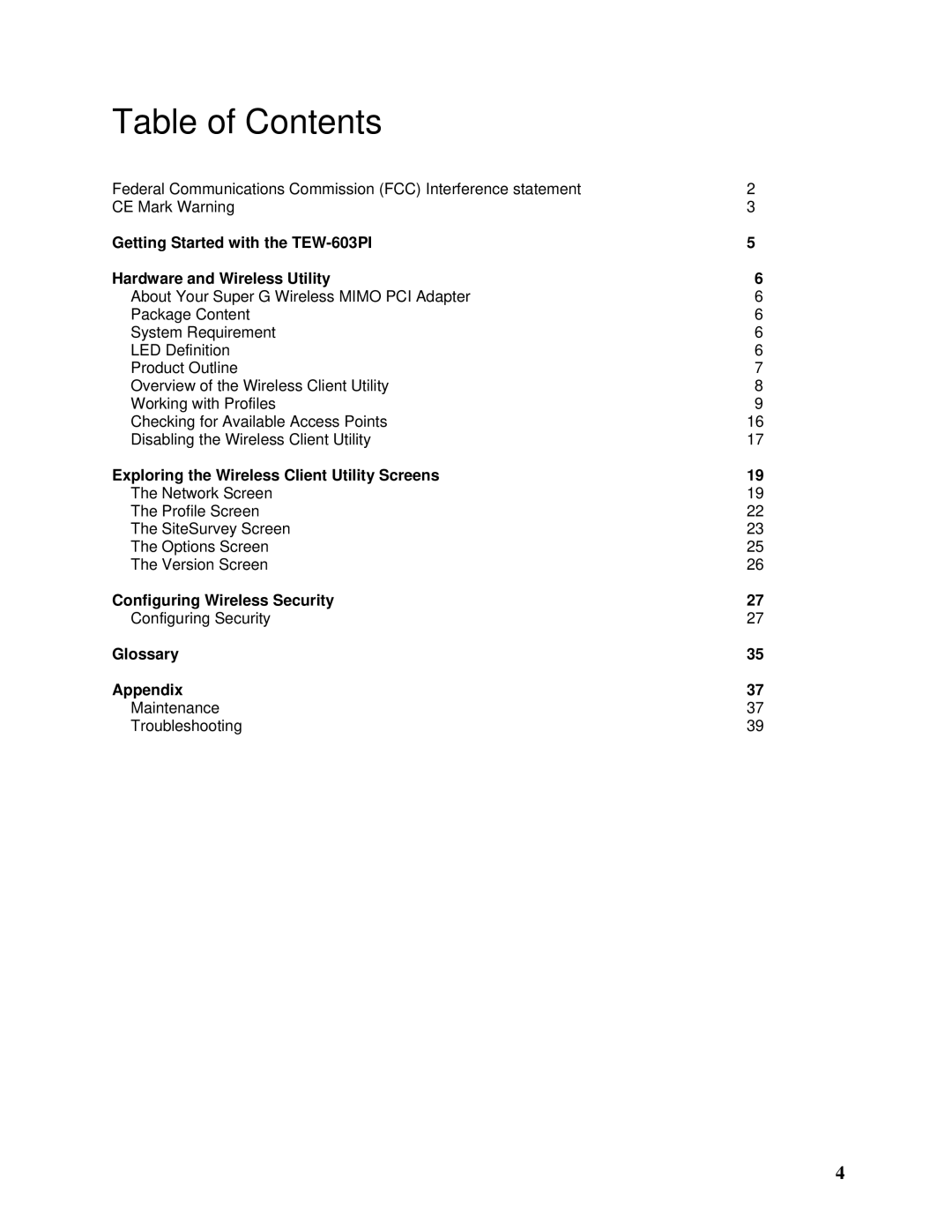 TRENDnet TEW-603PI manual Table of Contents 