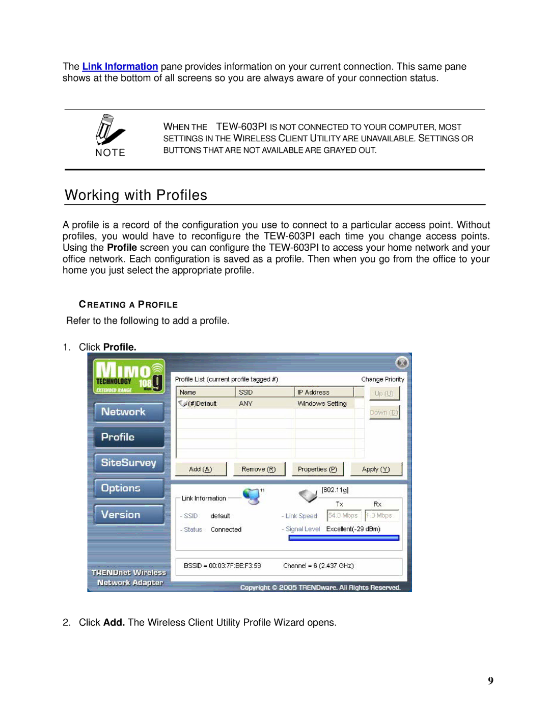 TRENDnet TEW-603PI manual Working with Profiles, Click Profile 