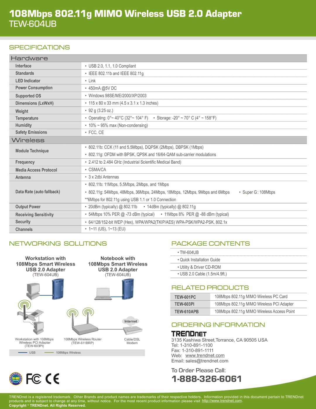 TRENDnet TEW-604UB warranty Specifications, Networking Solutions, Package Contents, Related Products, Ordering Information 