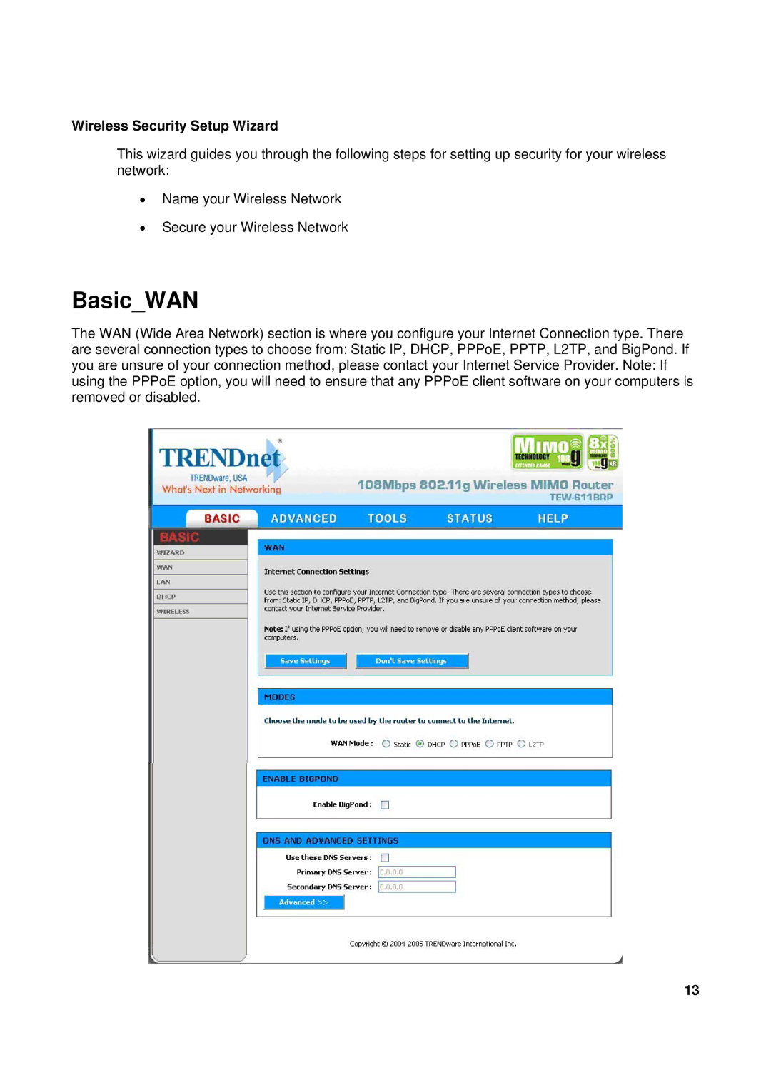 TRENDnet TEW-611BRP manual BasicWAN, Wireless Security Setup Wizard 