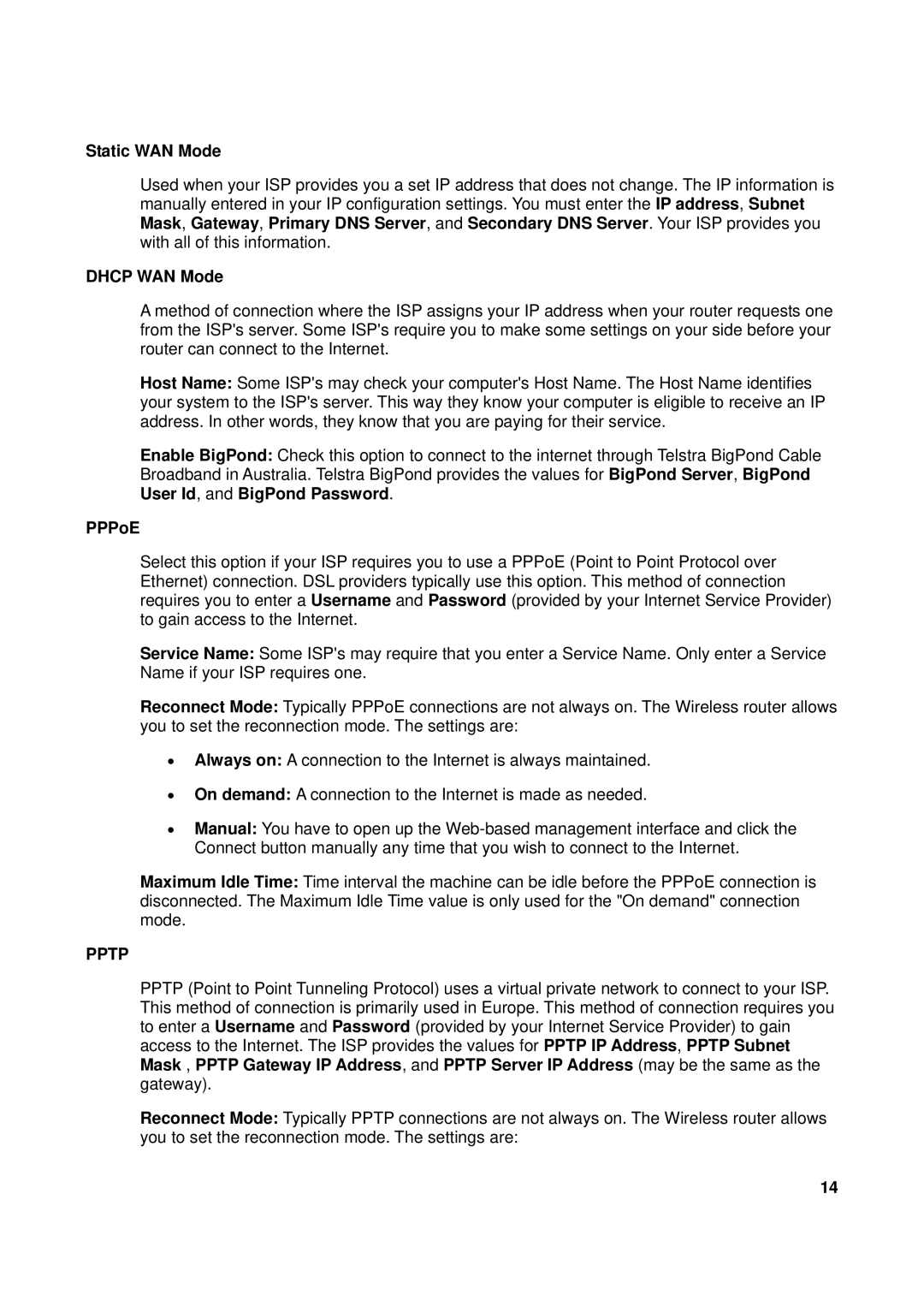 TRENDnet TEW-611BRP manual Static WAN Mode, Dhcp WAN Mode, PPPoE, Pptp 