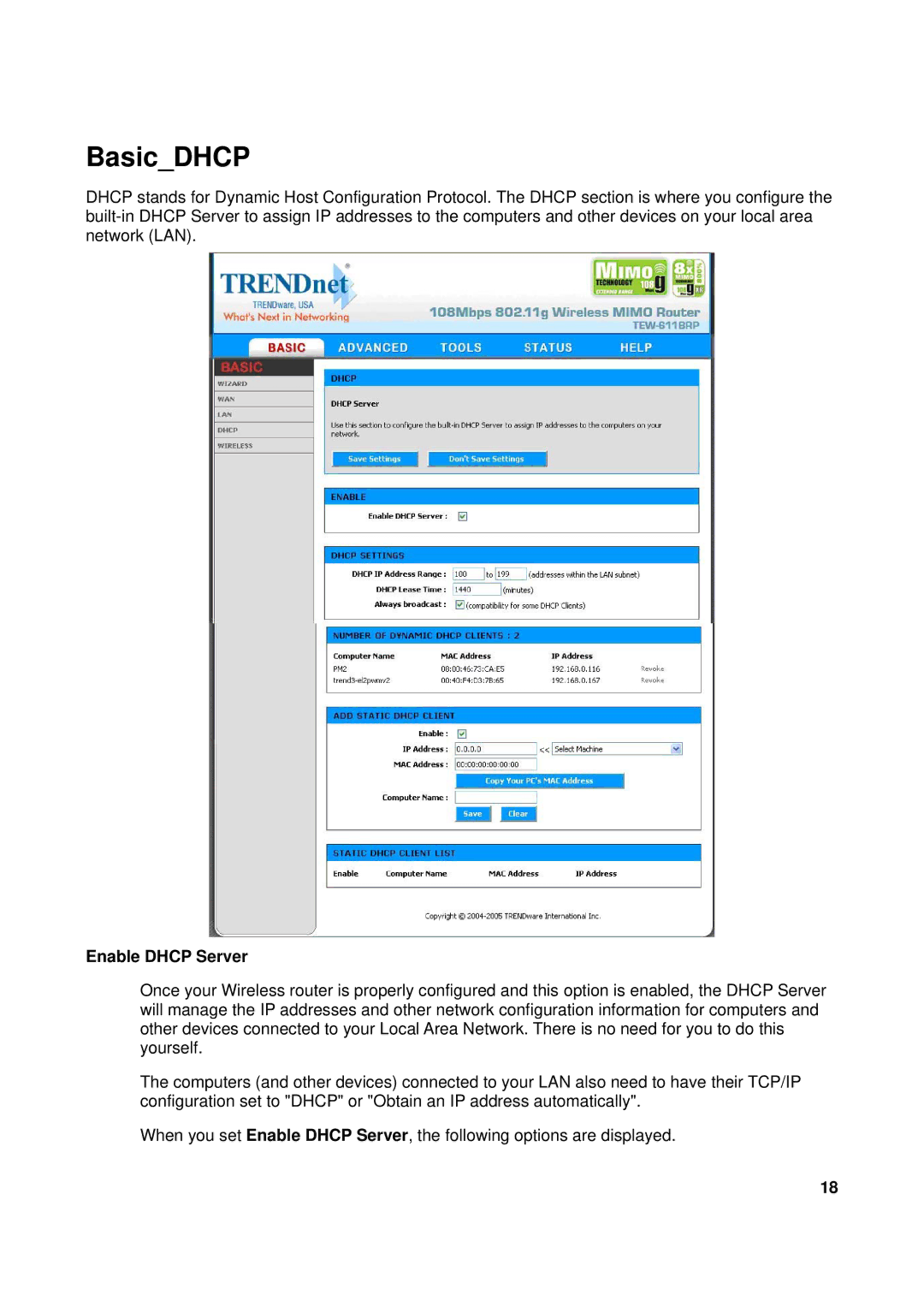 TRENDnet TEW-611BRP manual BasicDHCP, Enable Dhcp Server 