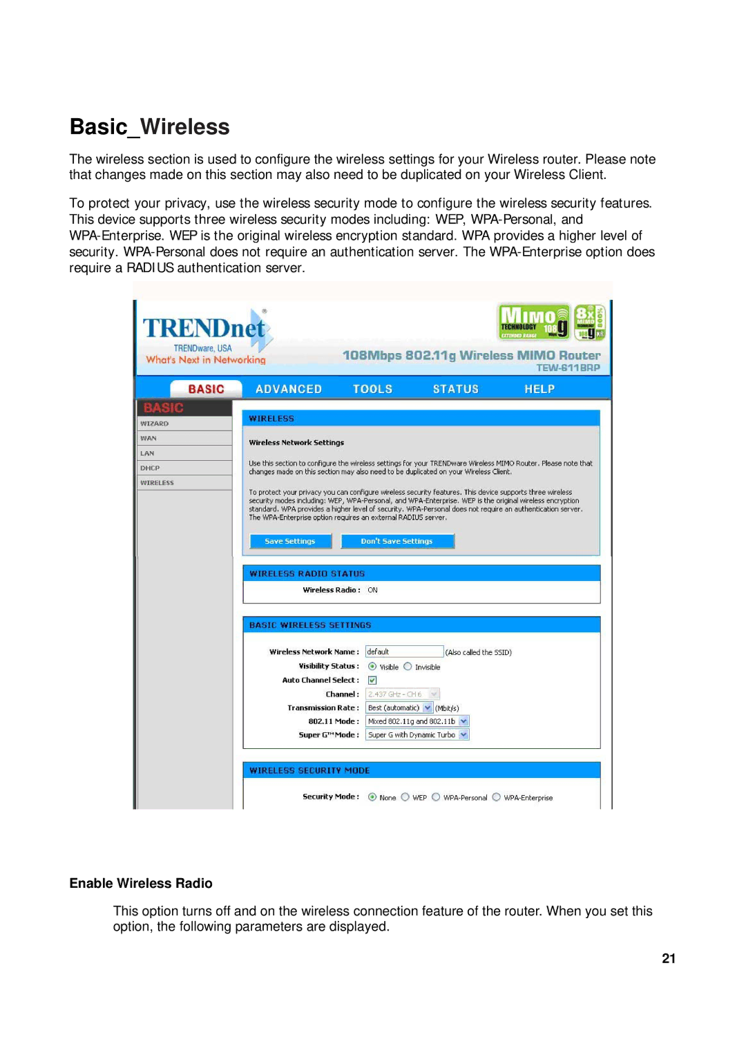 TRENDnet TEW-611BRP manual BasicWireless, Enable Wireless Radio 