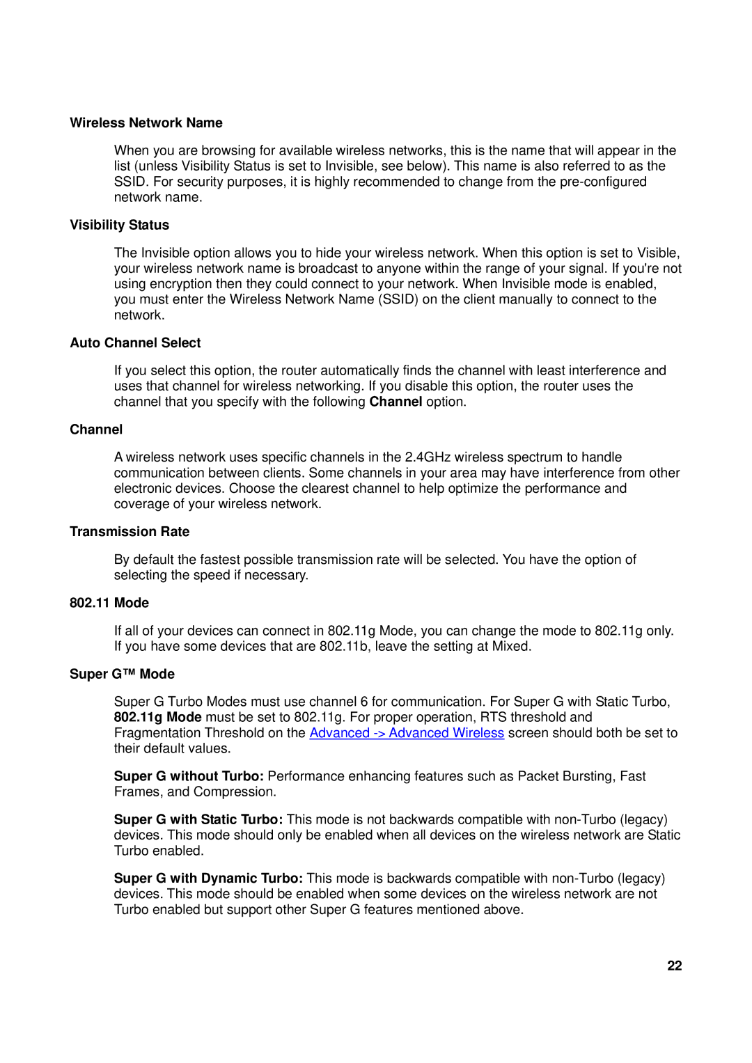 TRENDnet TEW-611BRP Wireless Network Name, Visibility Status, Auto Channel Select, Transmission Rate, Super G Mode 