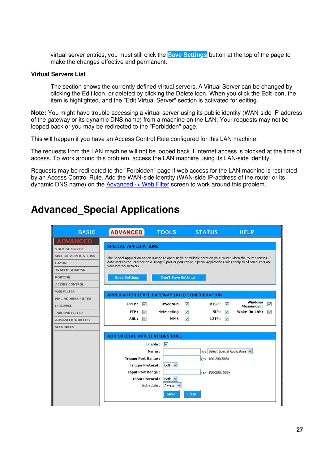 TRENDnet TEW-611BRP manual AdvancedSpecial Applications, Virtual Servers List 