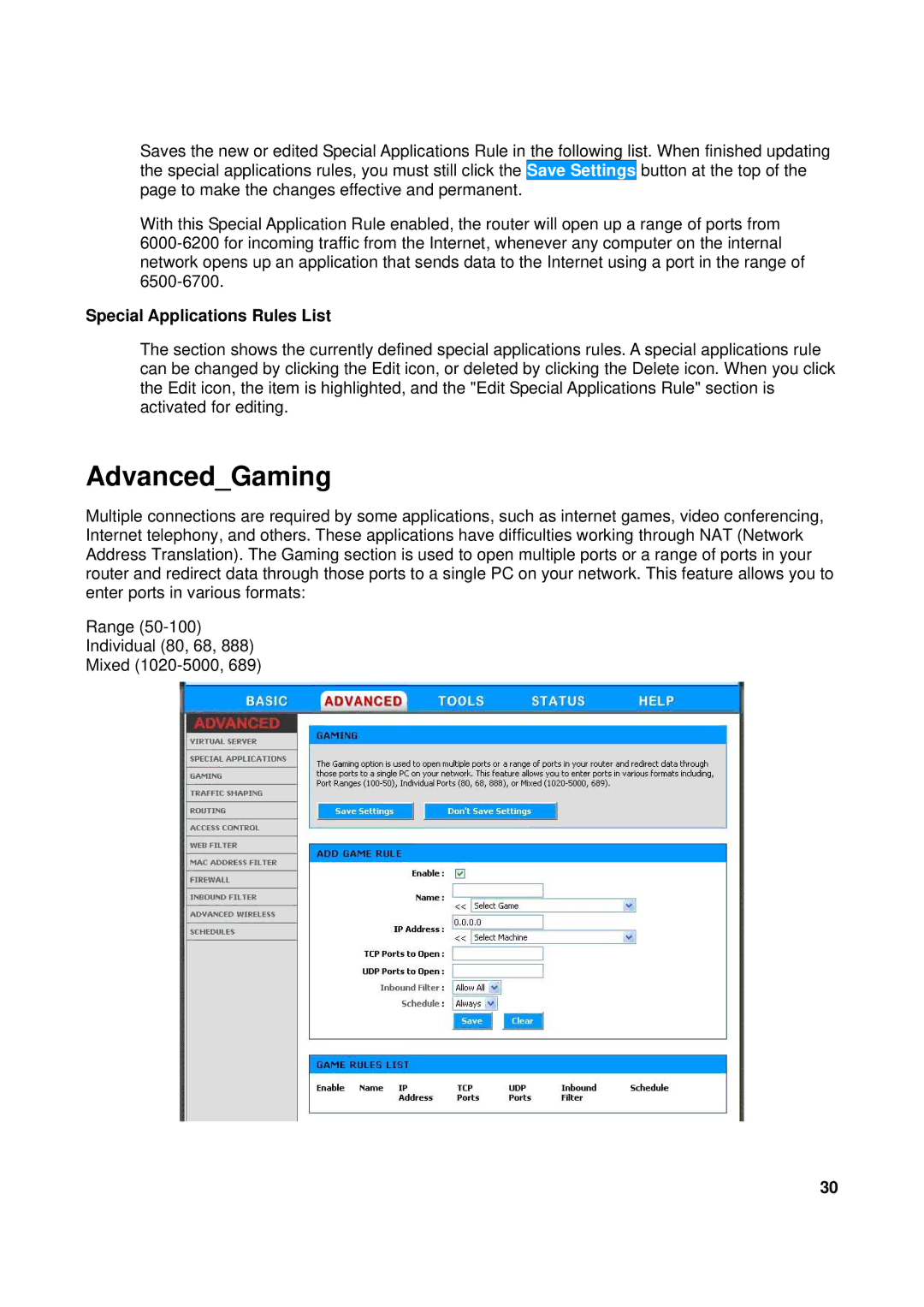 TRENDnet TEW-611BRP manual AdvancedGaming, Special Applications Rules List 