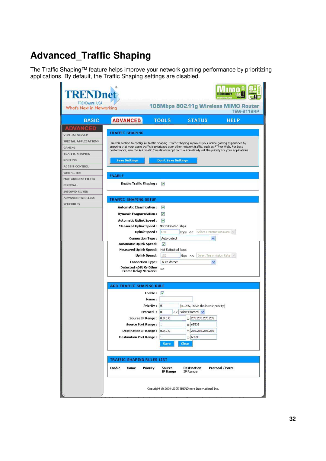 TRENDnet TEW-611BRP manual AdvancedTraffic Shaping 