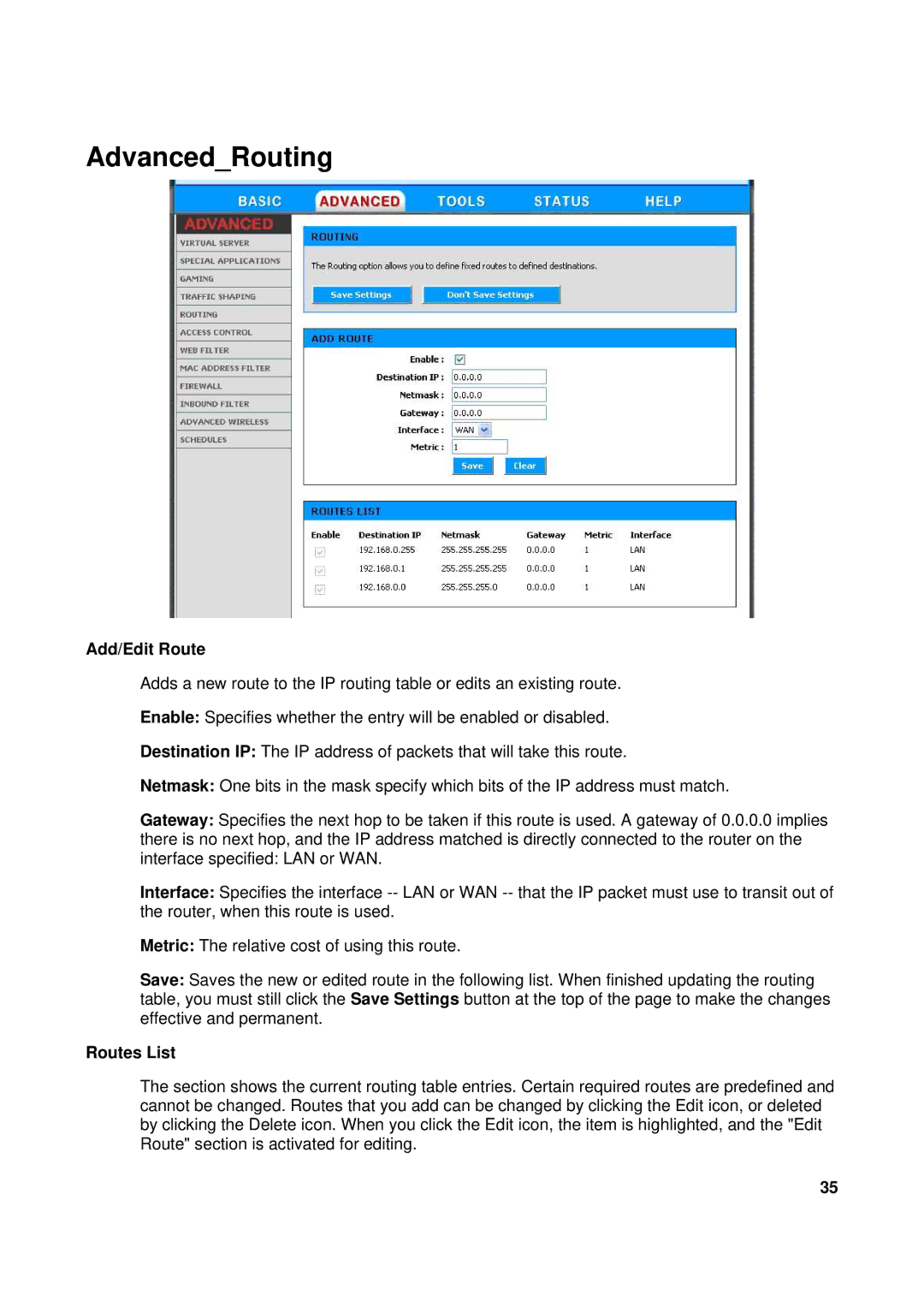 TRENDnet TEW-611BRP manual AdvancedRouting, Add/Edit Route, Routes List 